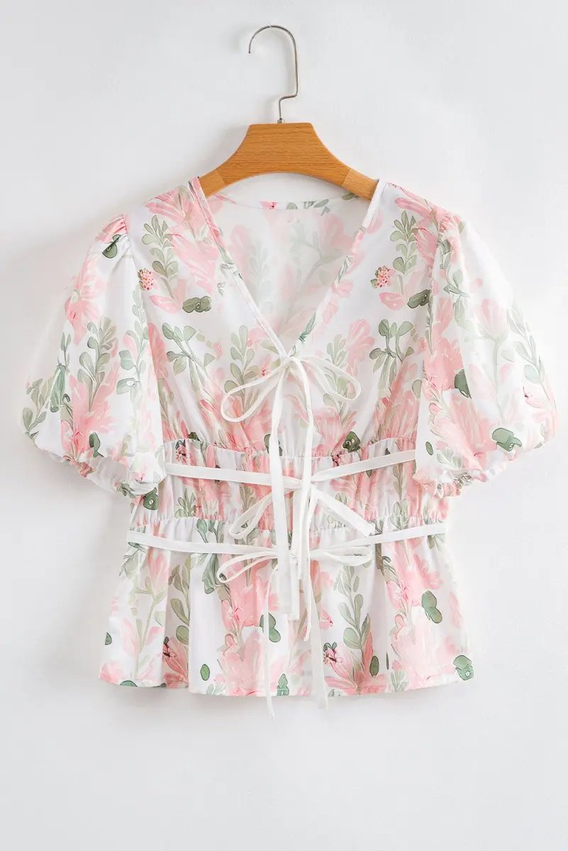 Pink Floral Puff Sleeve V Neck Tied Front Peplum Blouse - Love Salve
